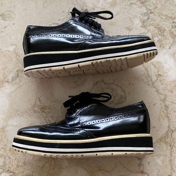 Prada Black Brogue Leather Wingtip Platform Oxford Shoes - Picture 7 of 14